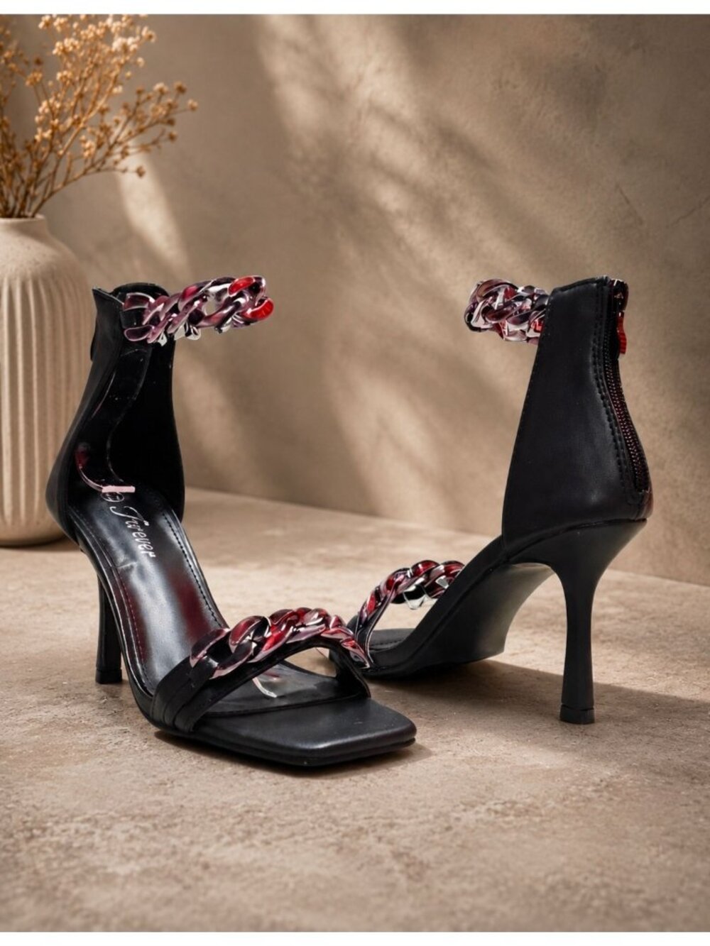 Black Heeled Sandals With Chain Details & Back Zipper Closure Square Toe Design